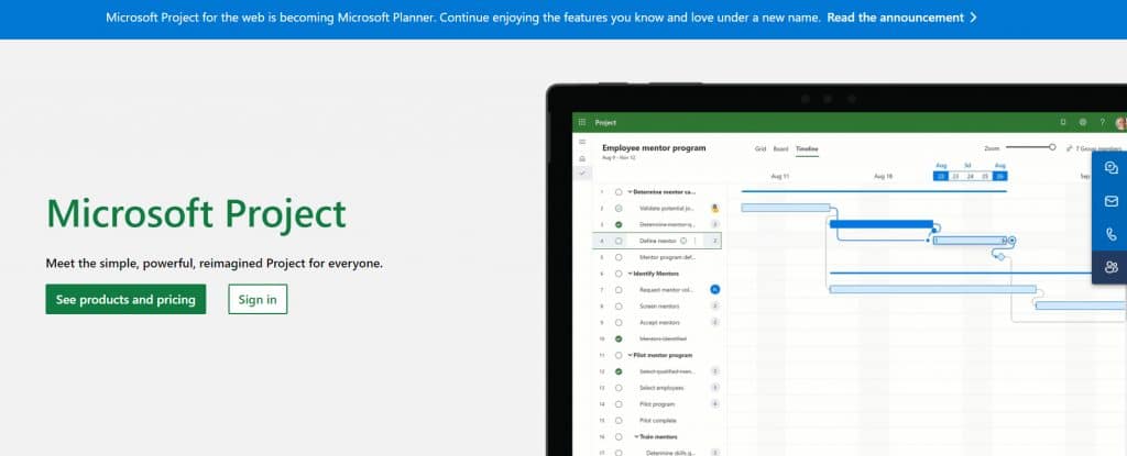 Microsoft project homepage