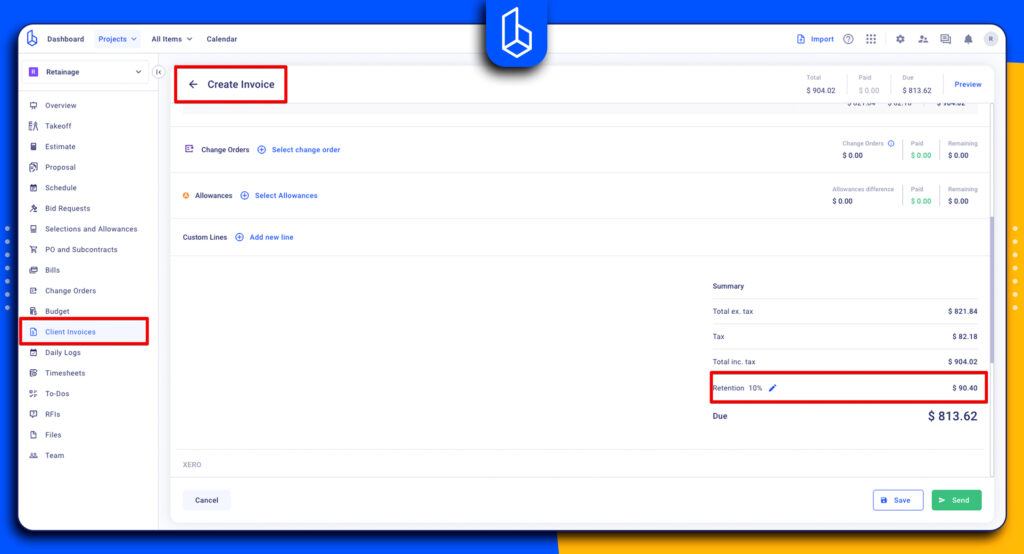 retainage in Buildern invoice