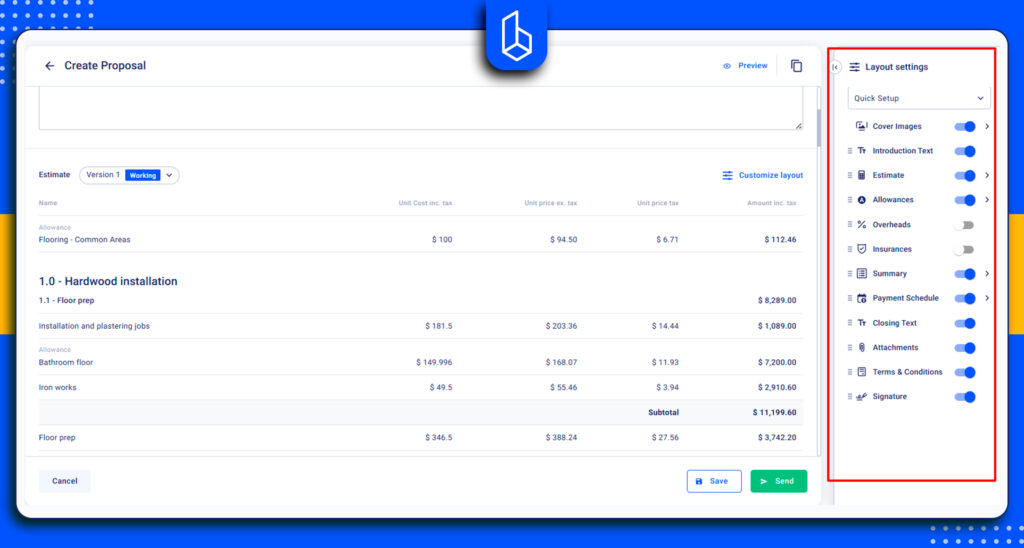 proposal customization in Buildern