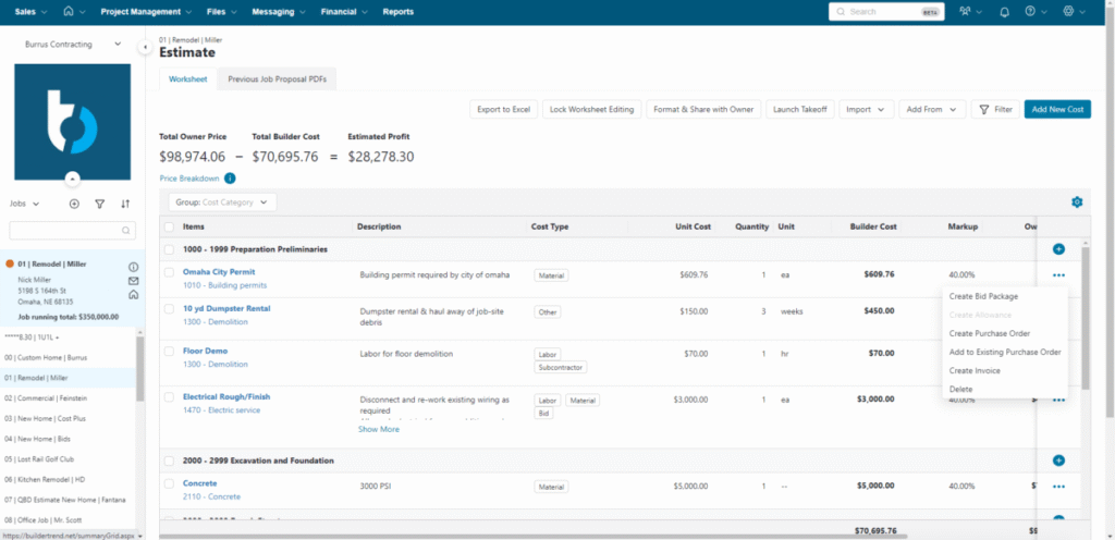 Buildertrend estimate example