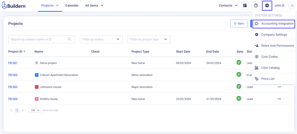 Accounting integration settings