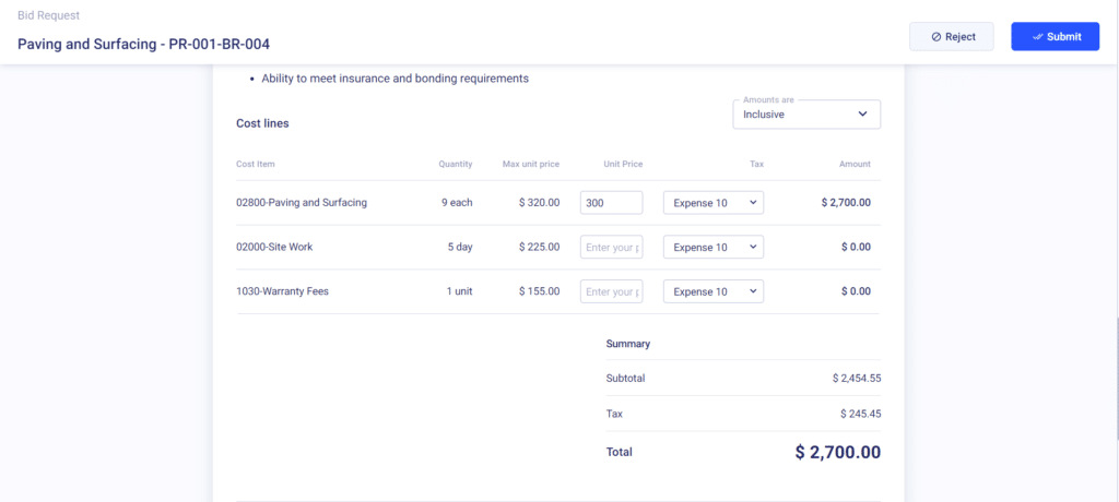 Bid request submission online