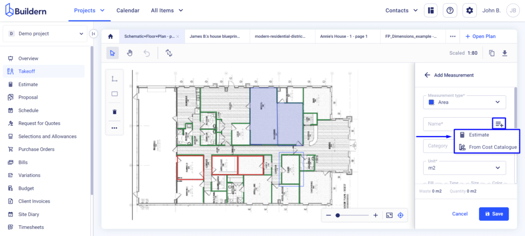 Estimate cost catalog and measurement takeoff