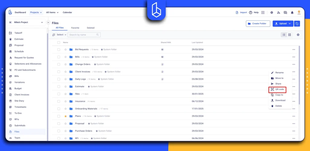 QR codes in files, Buildern