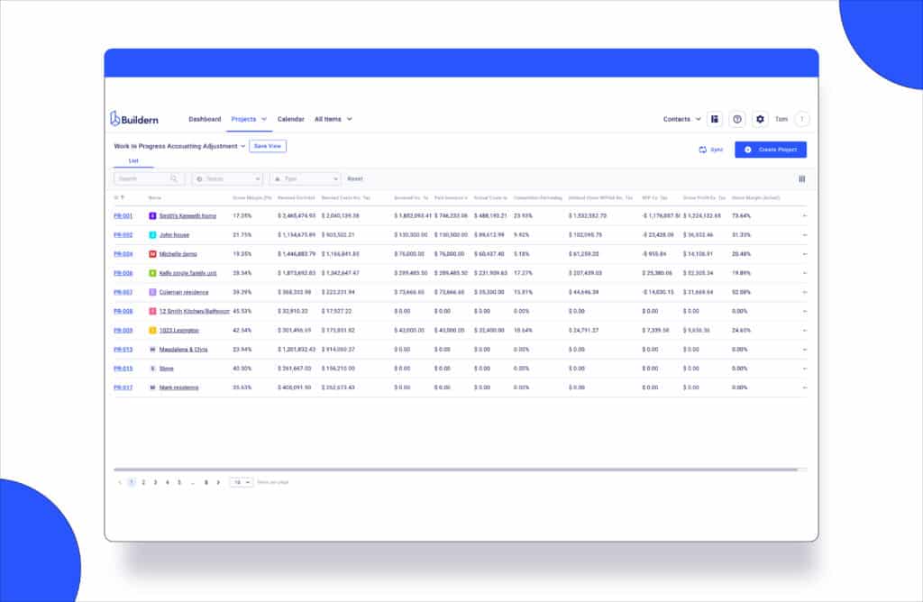 Construction project list overview