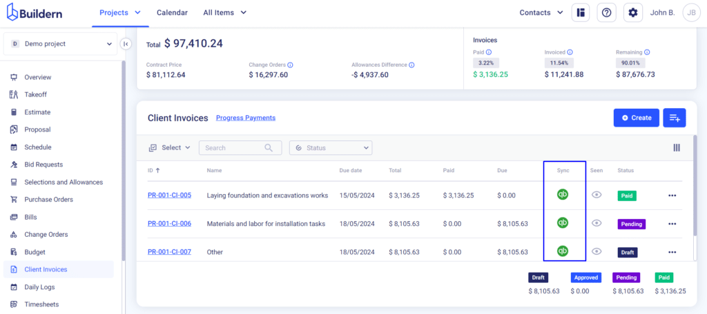 Sync client invoices with Quickbooks