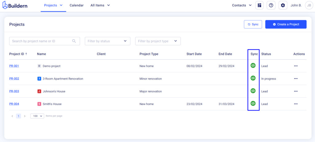 Quickbooks synced construction projects