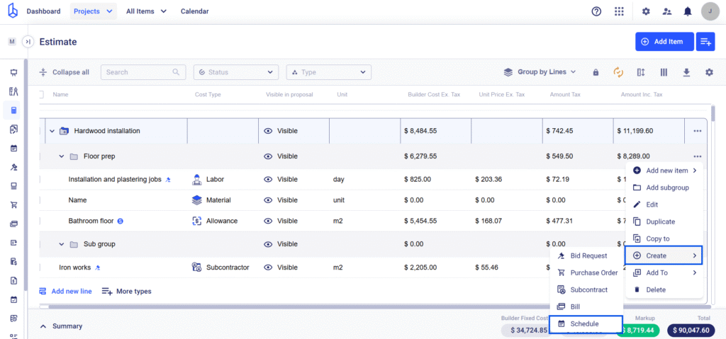 Link construction estimate to schedule