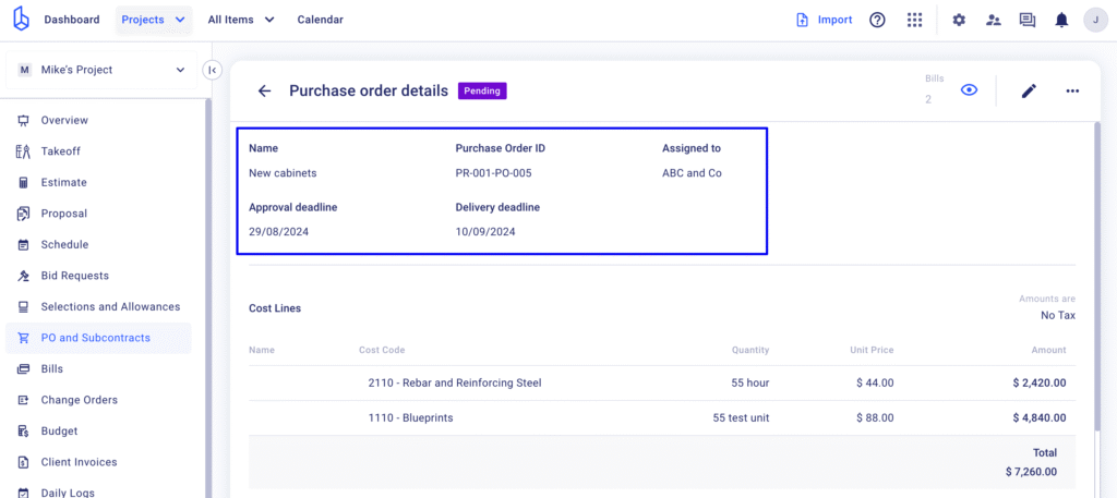 construction purchase order