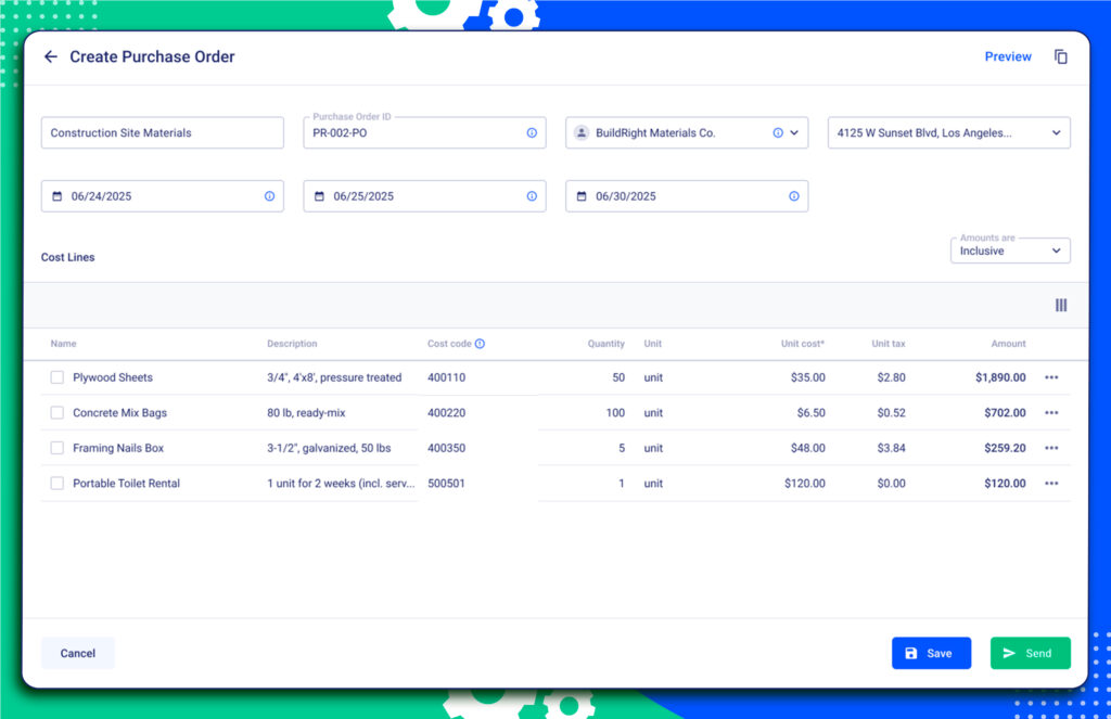 Purchase orders for construction project