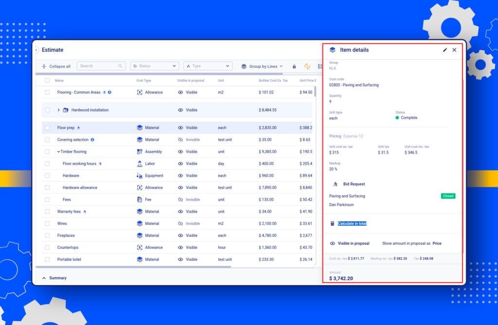 Item estimate overview in construction company software