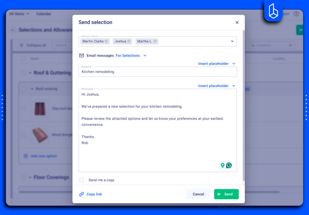 sending selection via email on buildern