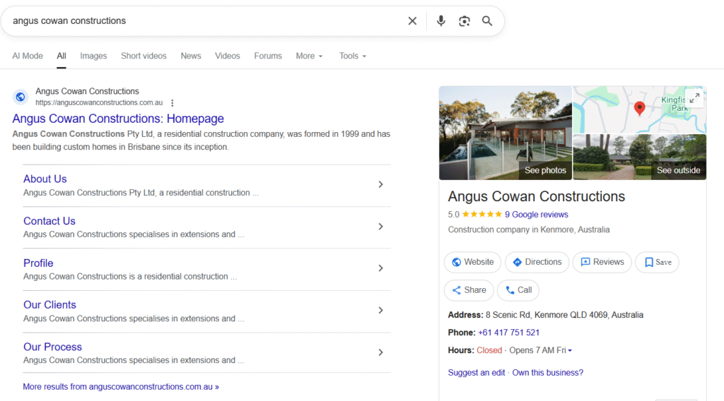local SEO example, construction company