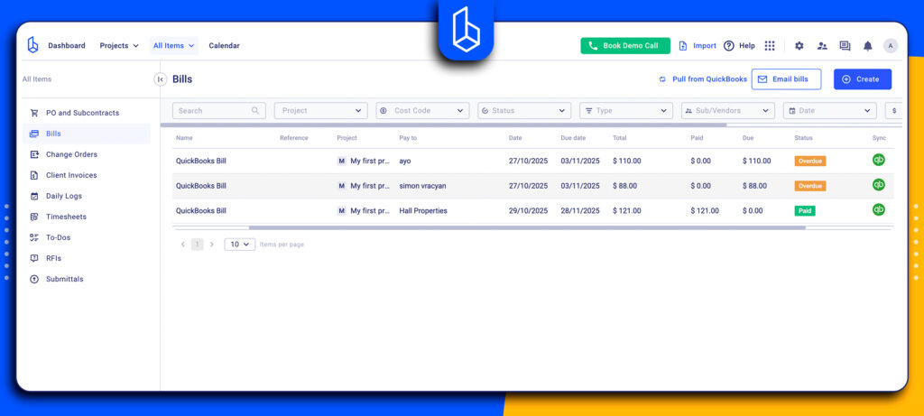 Bills synced in Buildern and QuickBooks