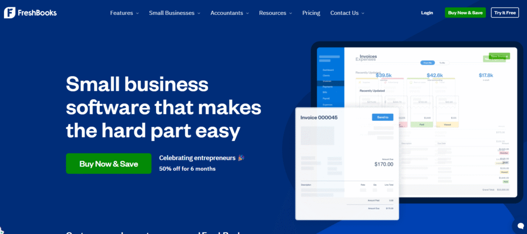 Freshbooks accounting software homepage screenshot