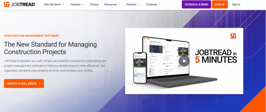 Jobtread homepage screenshot