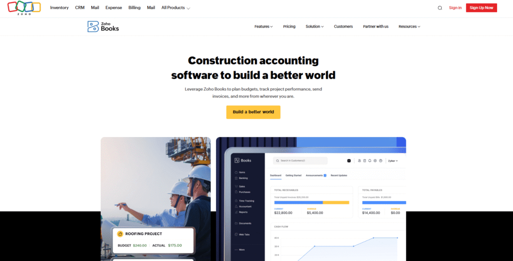 zohobooks construction accounting software homepage