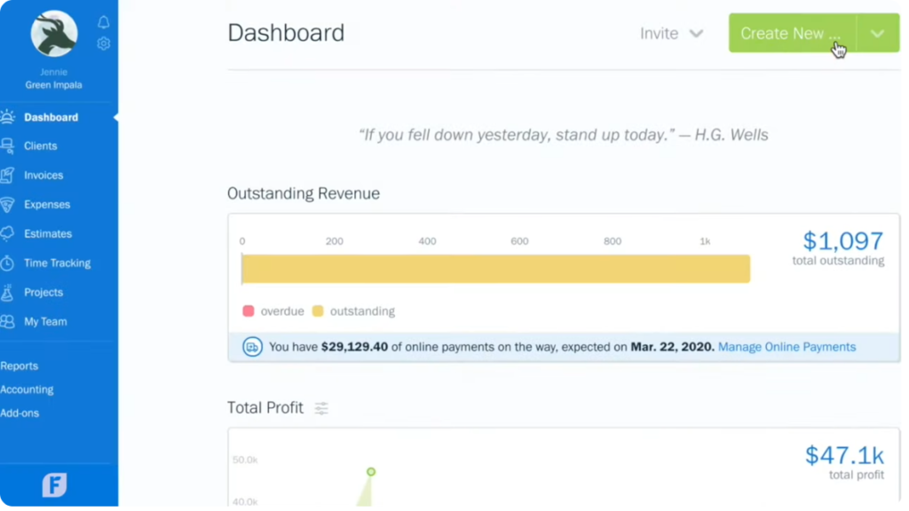 Freshbooks dashboard from YouTube tutorial