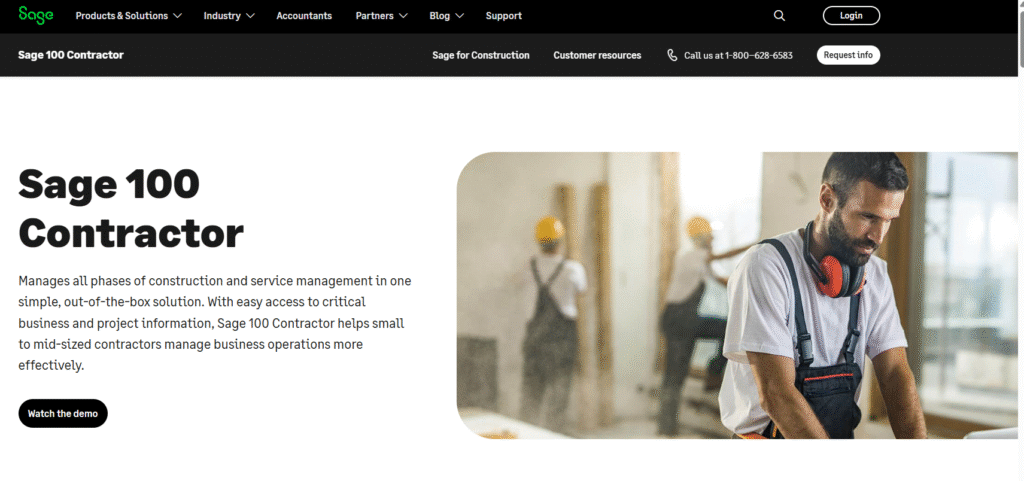 Sage 100 contractor accounting software homepage screenshot