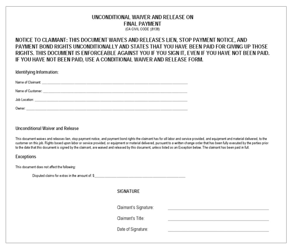 Californian lien waiver form example