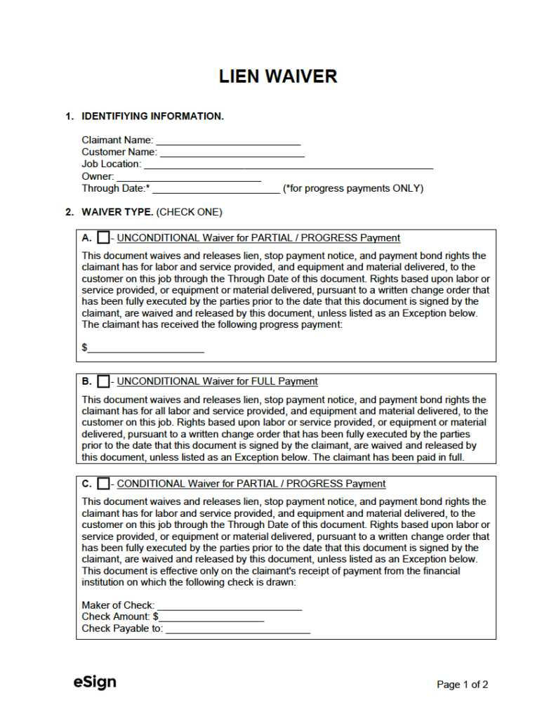 Lien waiver form example