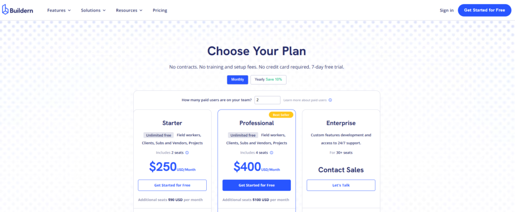 Buildern pricing plans
